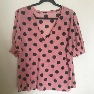 pink and black polka dot women’s blouse